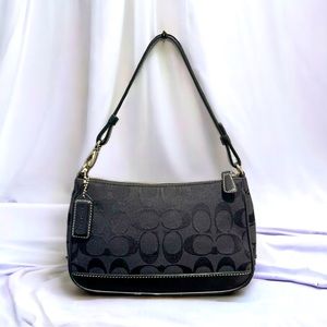 Vintage COACH Mini Y2K Black Signature Canvas & Leather Demi Baguette Bag